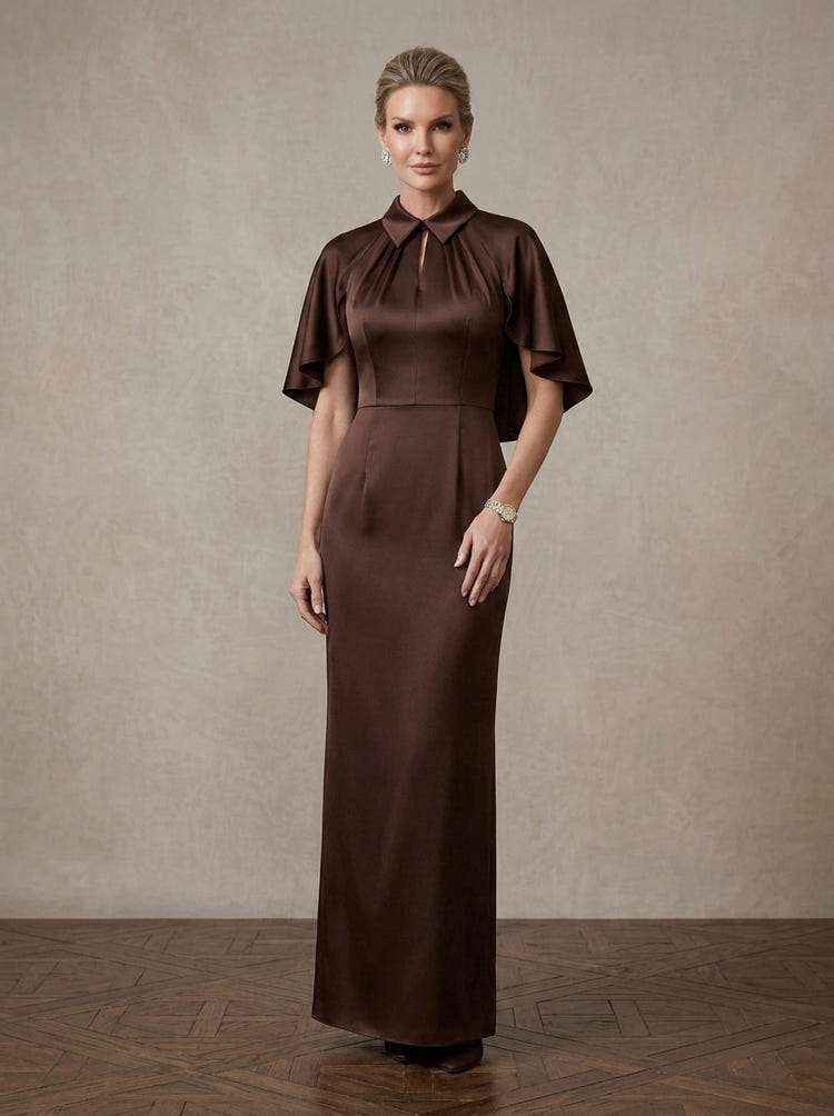Satin Sheath Collared Keyhole Maxi Mother of the Bride Dresses with Caps