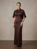 Satin Sheath Collared Keyhole Maxi Mother of the Bride Dresses with Caps