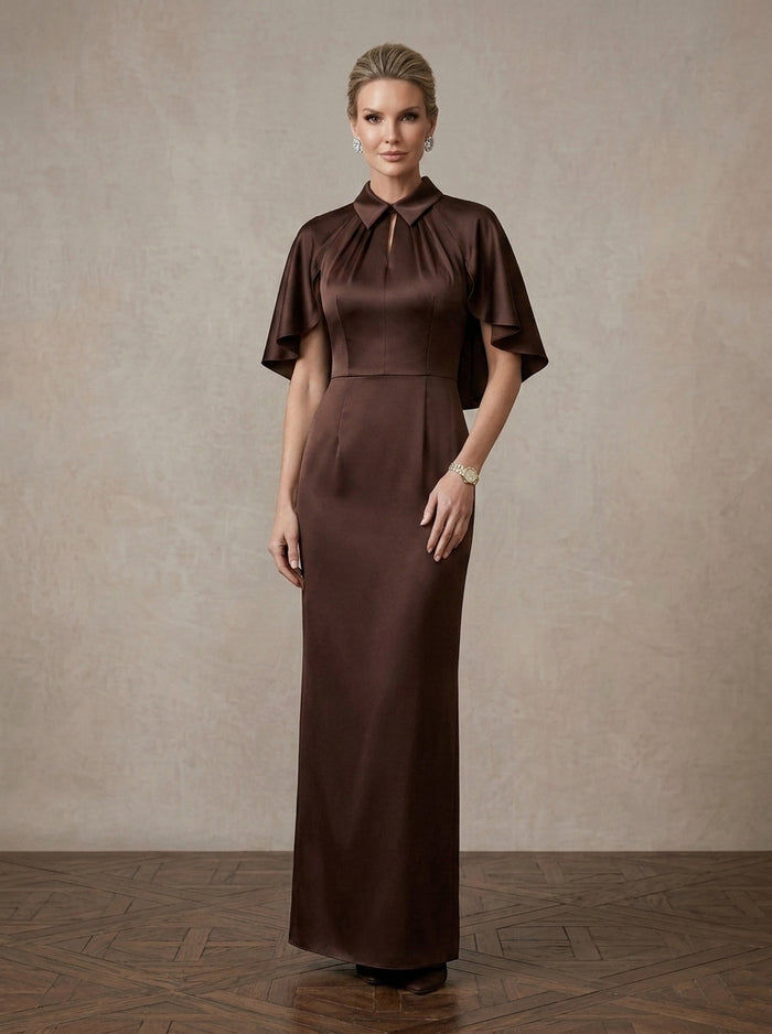 Satin Sheath Collared Keyhole Maxi Mother of the Bride Dresses with Caps
