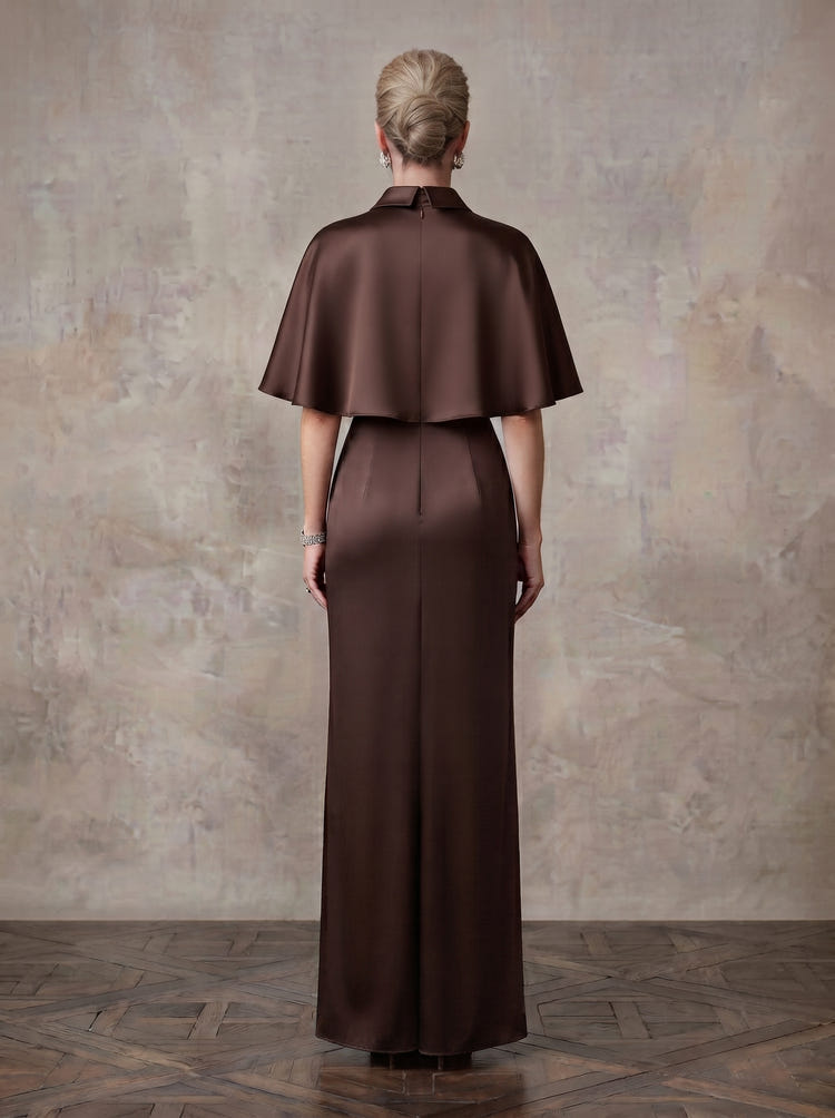 Satin Sheath Collared Keyhole Maxi Mother of the Bride Dresses with Caps