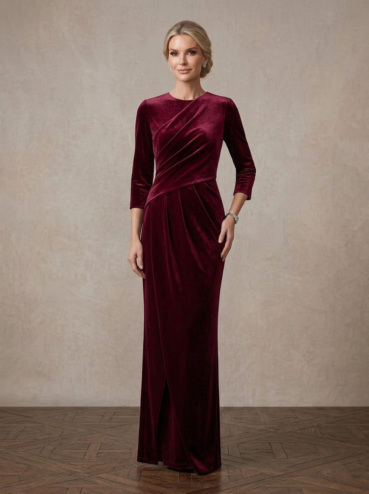Velvet Sheath Crew Neck Maxi Mother of the Bride Dresses with Side Waist Ruched