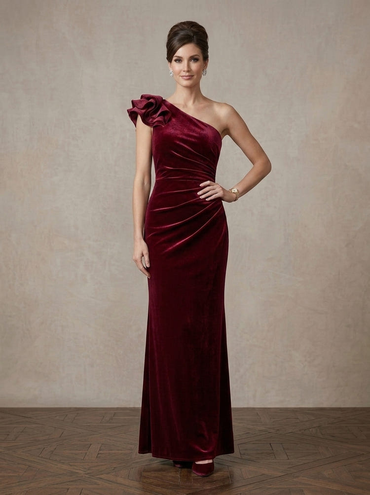 Velvet Sheath One Shoulder Maxi Mother of the Bride Dresses with Side Waist Ruched