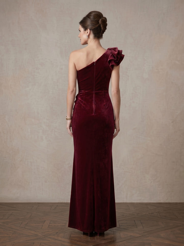 Velvet Sheath One Shoulder Maxi Mother of the Bride Dresses with Side Waist Ruched