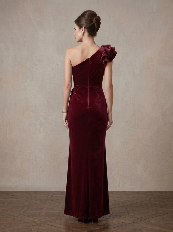 Velvet Sheath One Shoulder Maxi Mother of the Bride Dresses with Side Waist Ruched