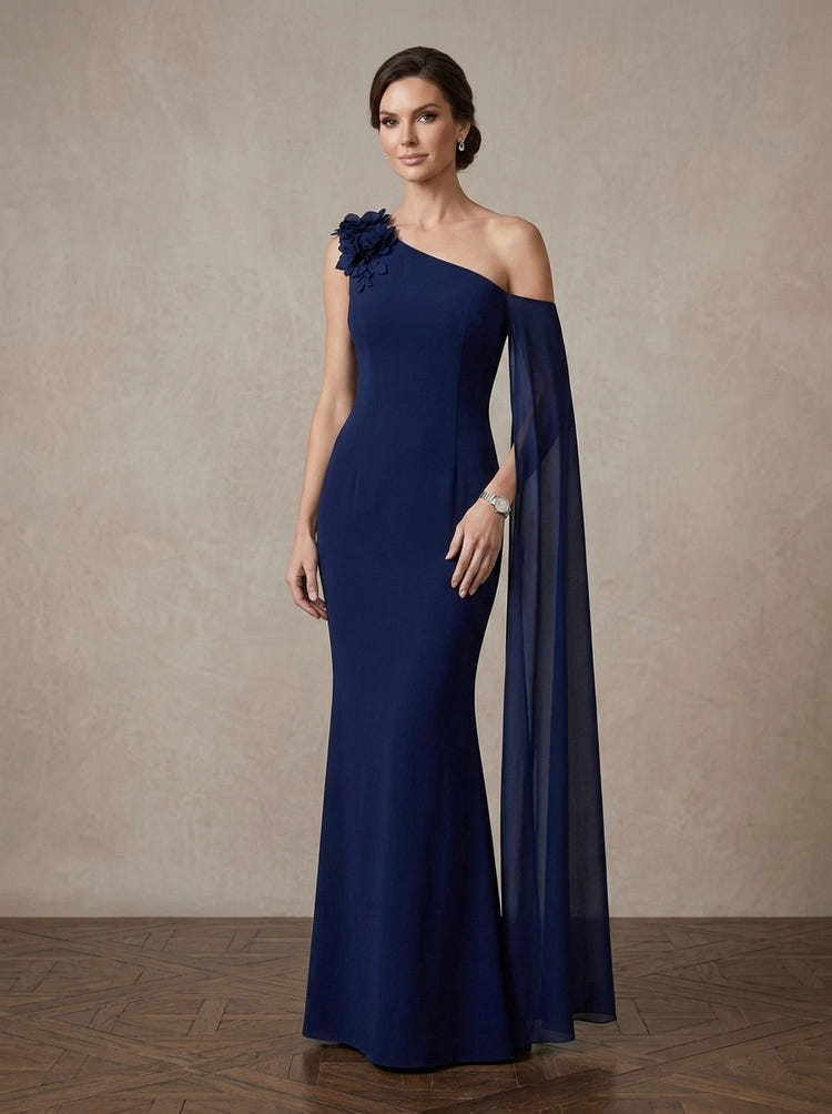 Chiffon Mermaid One Shoulder Maxi Mother of the Bride Dresses with 3D Flowers & Long Sleeve