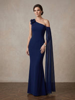 Chiffon Mermaid One Shoulder Maxi Mother of the Bride Dresses with 3D Flowers & Long Sleeve