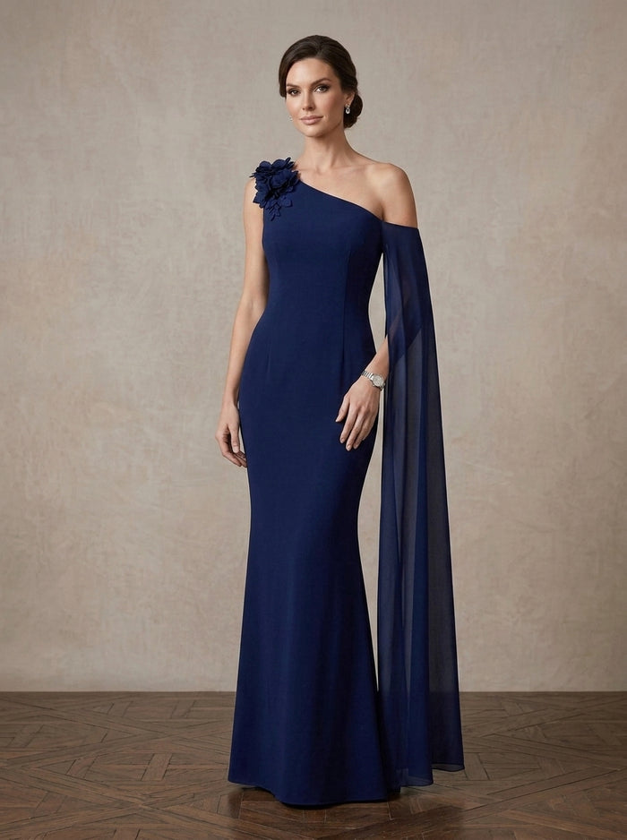 Chiffon Mermaid One Shoulder Maxi Mother of the Bride Dresses with 3D Flowers & Long Sleeve