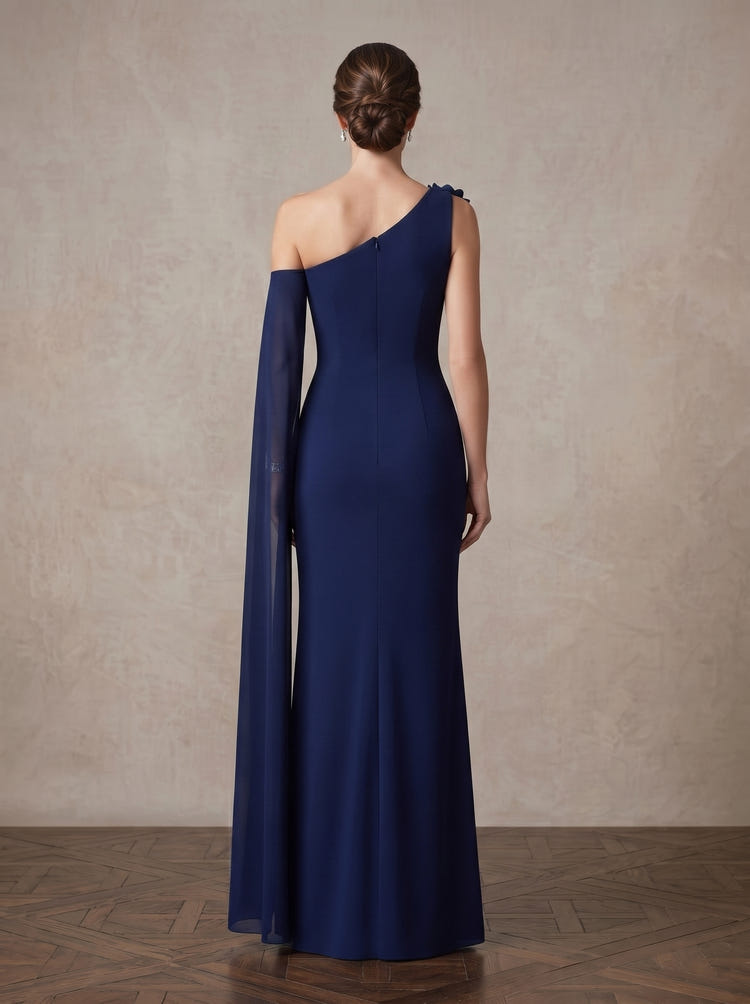 Chiffon Mermaid One Shoulder Maxi Mother of the Bride Dresses with 3D Flowers & Long Sleeve