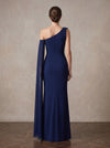 Chiffon Mermaid One Shoulder Maxi Mother of the Bride Dresses with 3D Flowers & Long Sleeve