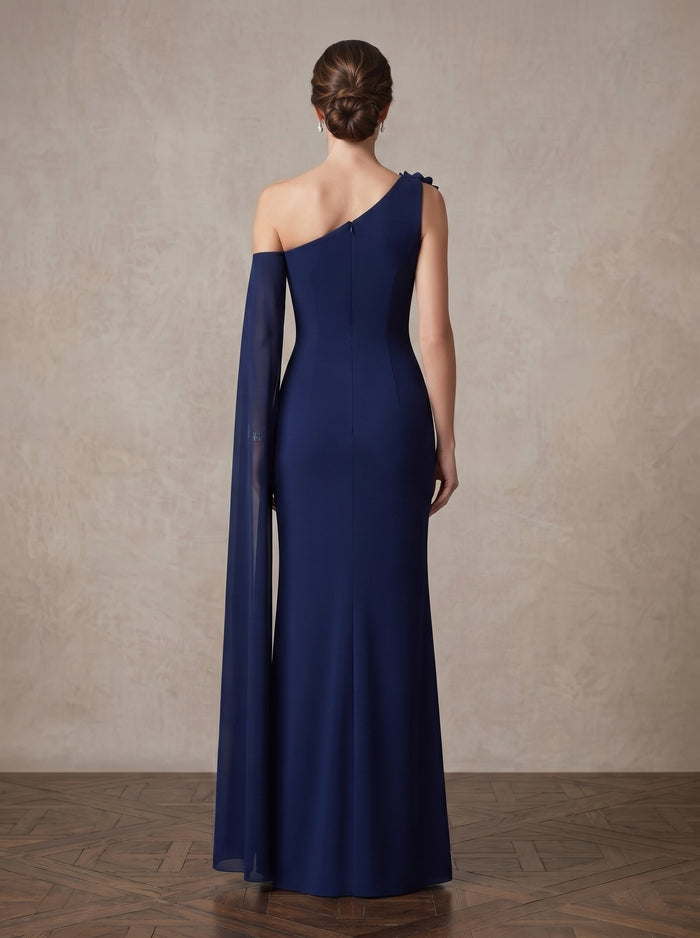 Chiffon Mermaid One Shoulder Maxi Mother of the Bride Dresses with 3D Flowers & Long Sleeve