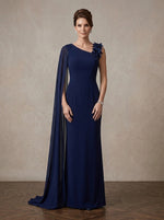 Long Chiffon Mermaid Asymmetric Neck Maxi Mother of the Bride Dresses with Flowing Sash