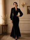 Velvet Mermaid Notched Lapel Blazer Collar Maxi Mother of the Bride Dresses with Full‑Length Front Covered‑Button Placket