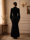 Velvet Mermaid Notched Lapel Blazer Collar Maxi Mother of the Bride Dresses with Full‑Length Front Covered‑Button Placket