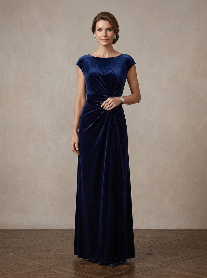 Velvet Sheath Boat Neck Maxi Mother of the Bride Dresses with Side Waist Ruched