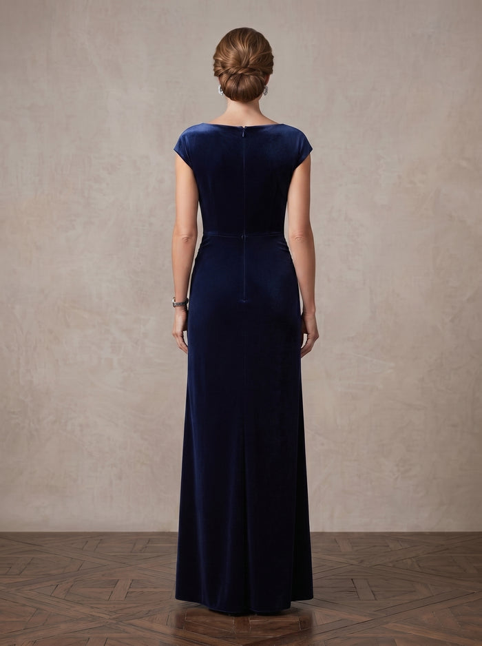 Velvet Sheath Boat Neck Maxi Mother of the Bride Dresses with Side Waist Ruched