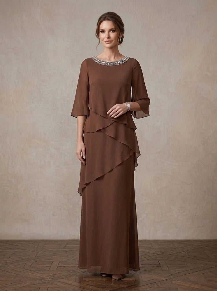 Mother of the Bride Dresses with Beaded Neckline, Layered Tiered Chiffon Evening Gown, Elegant 3/4 Sleeves Formal Wedding Guest Dresses