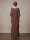 Mother of the Bride Dresses with Beaded Neckline, Layered Tiered Chiffon Evening Gown, Elegant 3/4 Sleeves Formal Wedding Guest Dresses