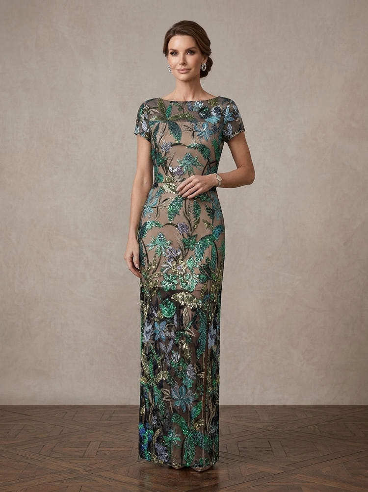 Mesh Sheath Boat Neck Maxi Mother of the Bride Dresses with Sequin Floral Embroidery