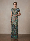 Mesh Sheath Boat Neck Maxi Mother of the Bride Dresses with Sequin Floral Embroidery
