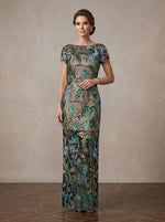 Mesh Sheath Boat Neck Maxi Mother of the Bride Dresses with Sequin Floral Embroidery