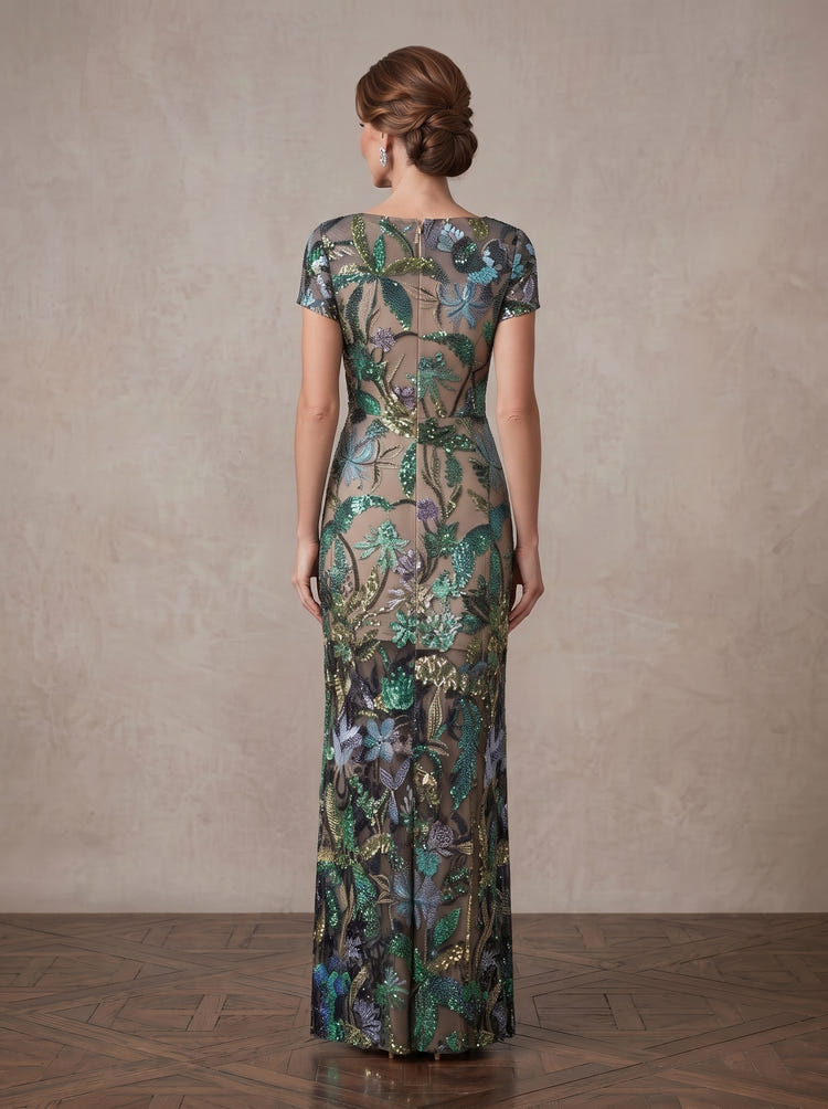 Mesh Sheath Boat Neck Maxi Mother of the Bride Dresses with Sequin Floral Embroidery