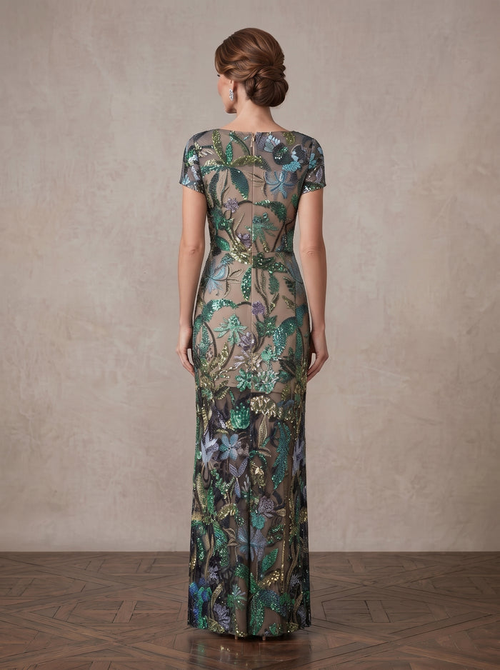 Mesh Sheath Boat Neck Maxi Mother of the Bride Dresses with Sequin Floral Embroidery
