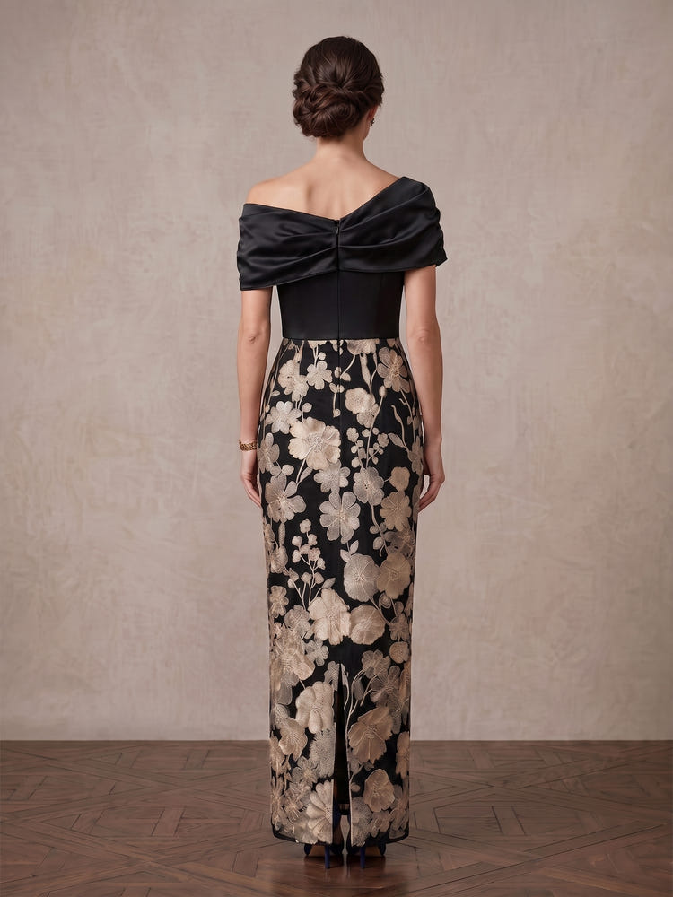 Satin Sheath Off Shoulder Maxi Mother of the Bride Dresses with 3D Flower Appliques