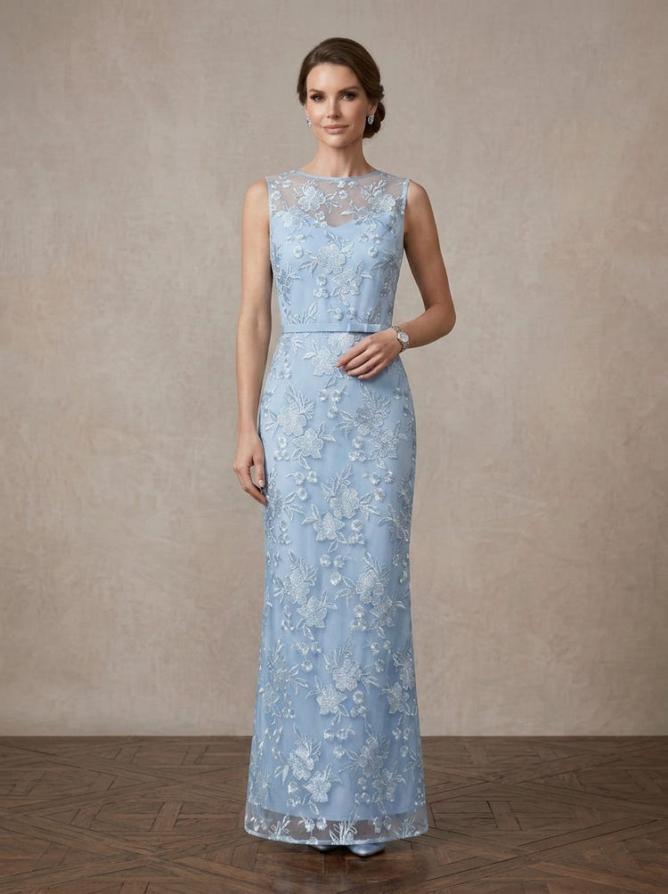 Mesh Sheath Boat Neck Maxi Mother of the Bride Dresses with Floral Lace Applique