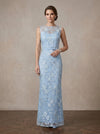 Mesh Sheath Boat Neck Maxi Mother of the Bride Dresses with Floral Lace Applique