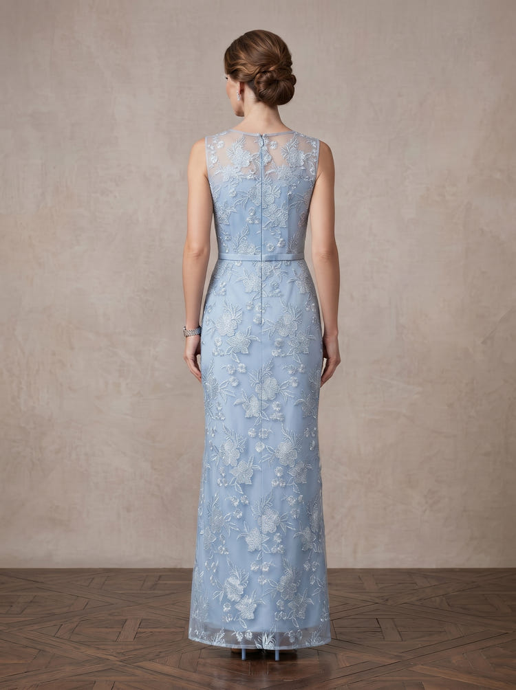 Mesh Sheath Boat Neck Maxi Mother of the Bride Dresses with Floral Lace Applique