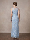 Mesh Sheath Boat Neck Maxi Mother of the Bride Dresses with Floral Lace Applique