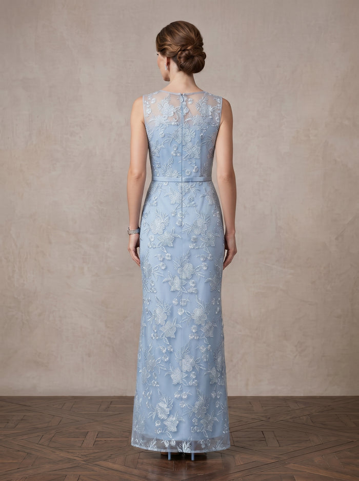 Mesh Sheath Boat Neck Maxi Mother of the Bride Dresses with Floral Lace Applique