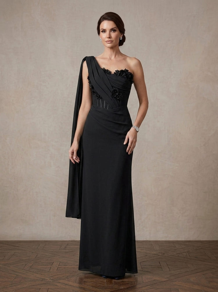 One Shoulder Mother of the Bride Dress with Cape, 3D Floral Ruched Black Evening Gown, Elegant Long Formal Wedding Guest Dress
