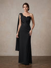 One Shoulder Mother of the Bride Dress with Cape, 3D Floral Ruched Black Evening Gown, Elegant Long Formal Wedding Guest Dress