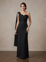 One Shoulder Mother of the Bride Dress with Cape, 3D Floral Ruched Black Evening Gown, Elegant Long Formal Wedding Guest Dress