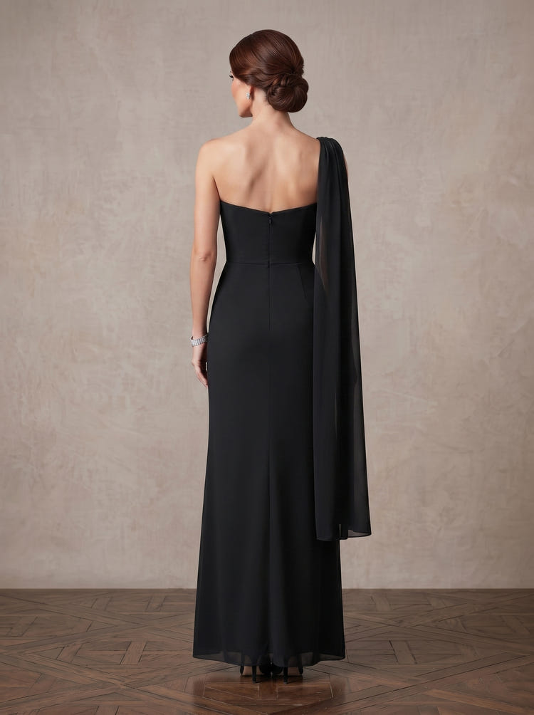 One Shoulder Mother of the Bride Dress with Cape, 3D Floral Ruched Black Evening Gown, Elegant Long Formal Wedding Guest Dress