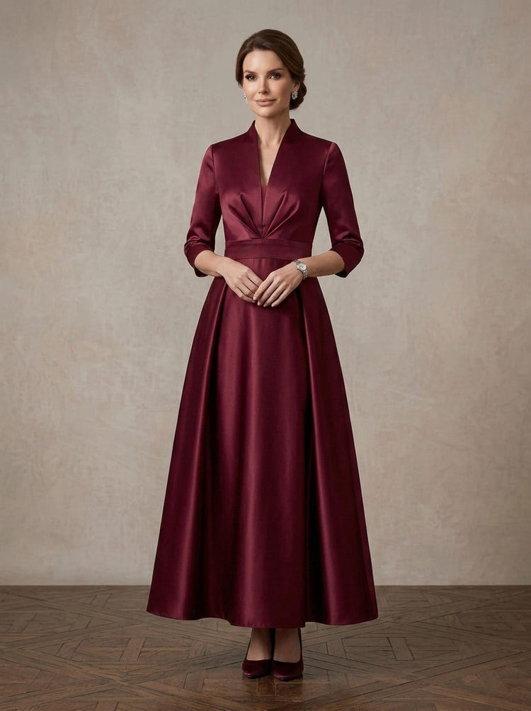 Satin A-Line Stand Collar Maxi Mother of the Bride Dresses with Wide Satin Waist Sash