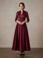 Satin A-Line Stand Collar Maxi Mother of the Bride Dresses with Wide Satin Waist Sash