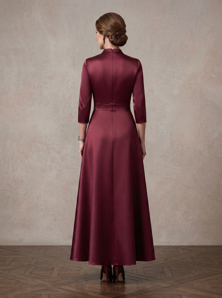 Satin A-Line Stand Collar Maxi Mother of the Bride Dresses with Wide Satin Waist Sash