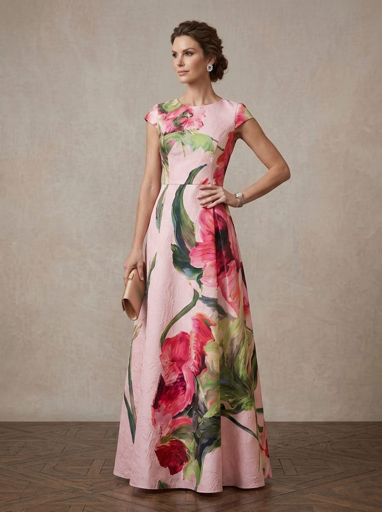 Satin A-Line Crew Neck Maxi Mother of the Bride Dresses with Floral Print