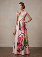 Satin A-Line Crew Neck Maxi Mother of the Bride Dresses with Floral Print