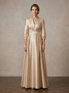 Classic Satin A-Line Stand Collar Maxi Long Mother of the Bride Dresses For Wedding Formal Event