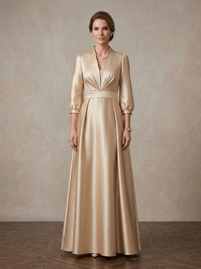Classic Satin A-Line Stand Collar Maxi Long Mother of the Bride Dresses For Wedding Formal Event