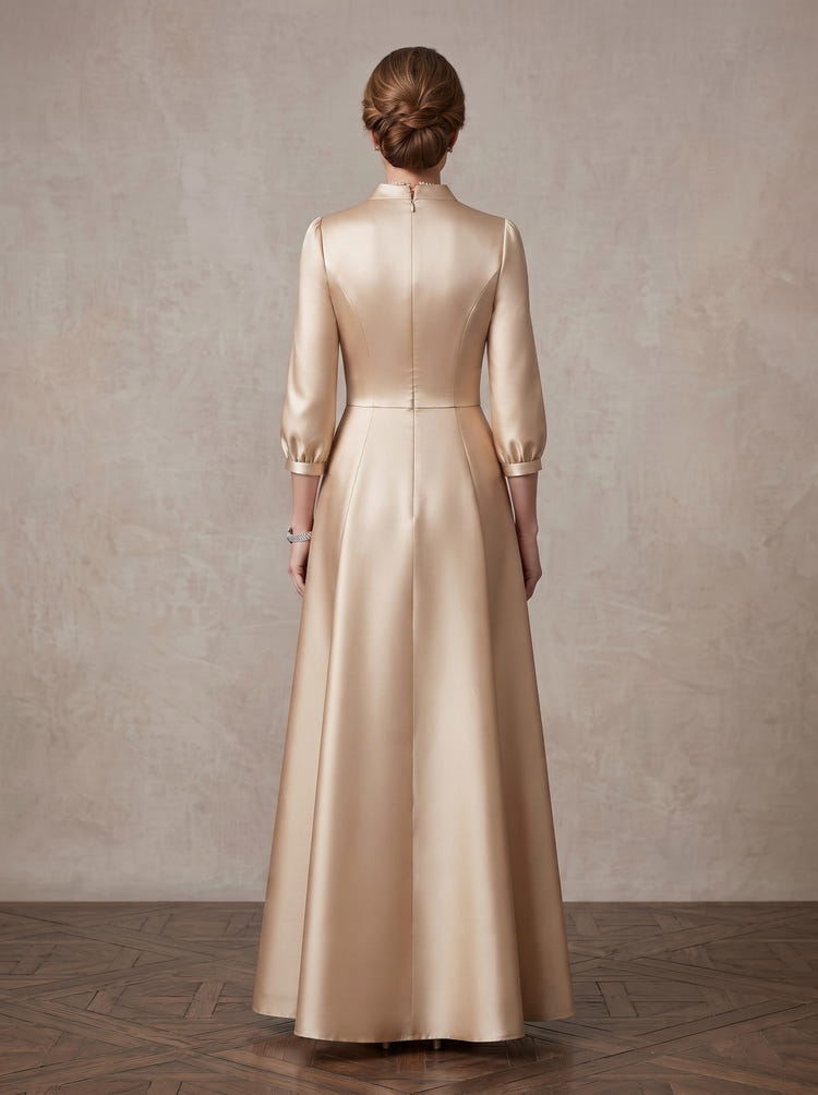 Classic Satin A-Line Stand Collar Maxi Long Mother of the Bride Dresses For Wedding Formal Event