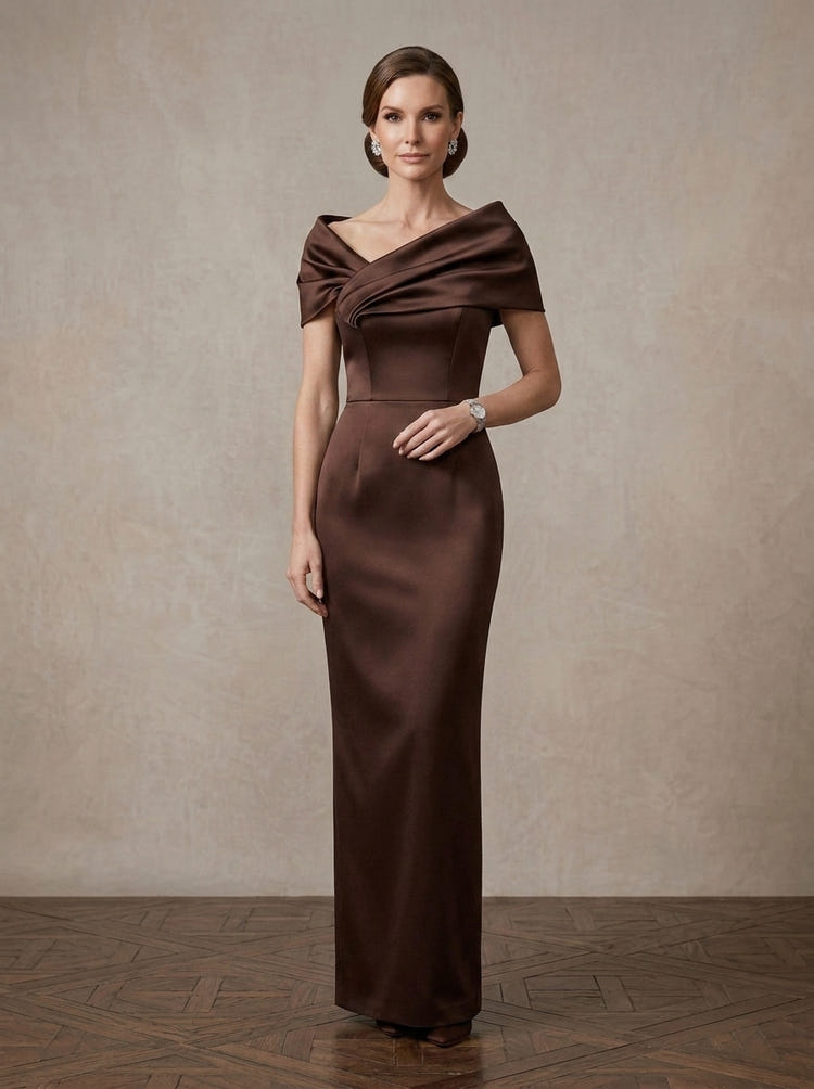 Satin Sheath Off Shoulder Maxi Mother of the Bride Dresses with Ruched