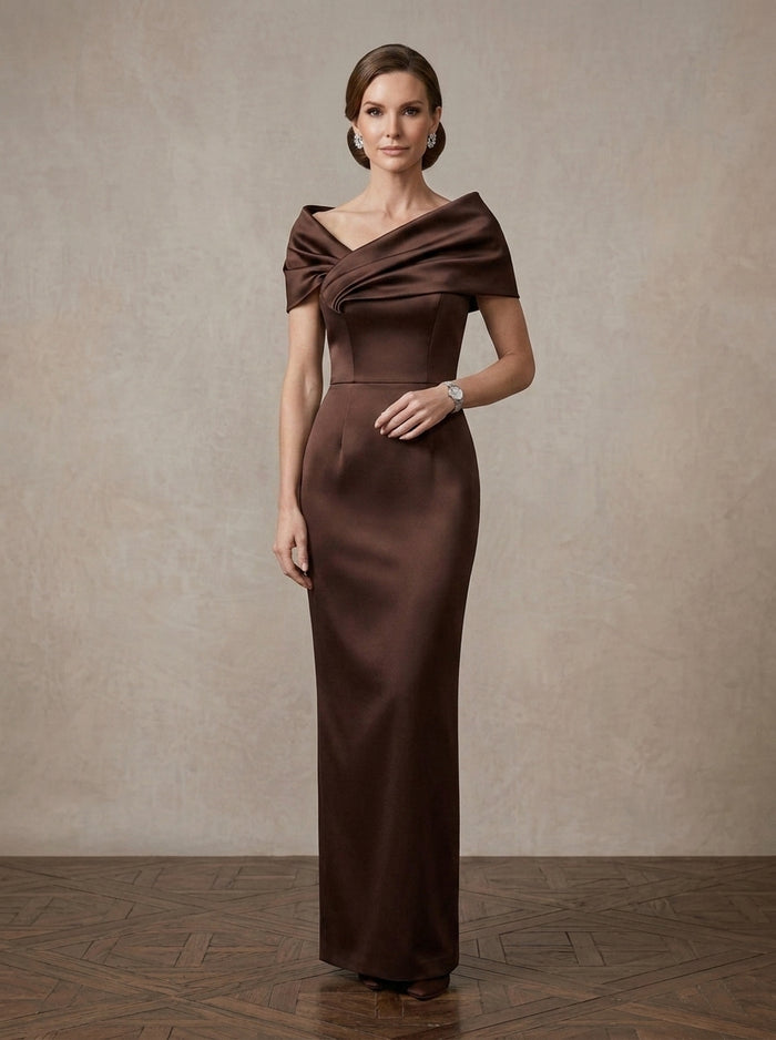 Satin Sheath Off Shoulder Maxi Mother of the Bride Dresses with Ruched