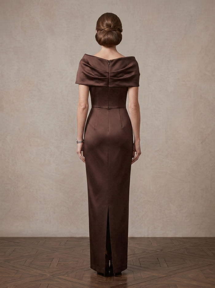 Satin Sheath Off Shoulder Maxi Mother of the Bride Dresses with Ruched