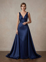 Satin A-Line V Neck Maxi Mother of the Bride Dresses with Wraps