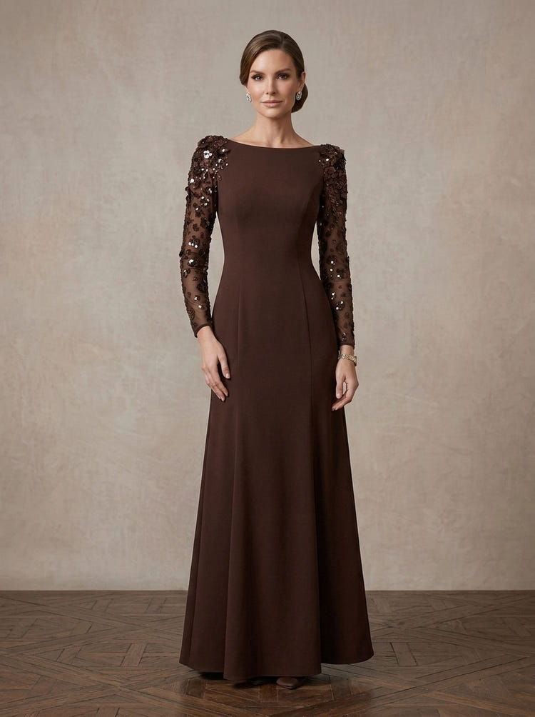 Jersey A-Line Boat Neck Maxi Mother of the Bride Dresses with 3D Sequin Floral Appliques