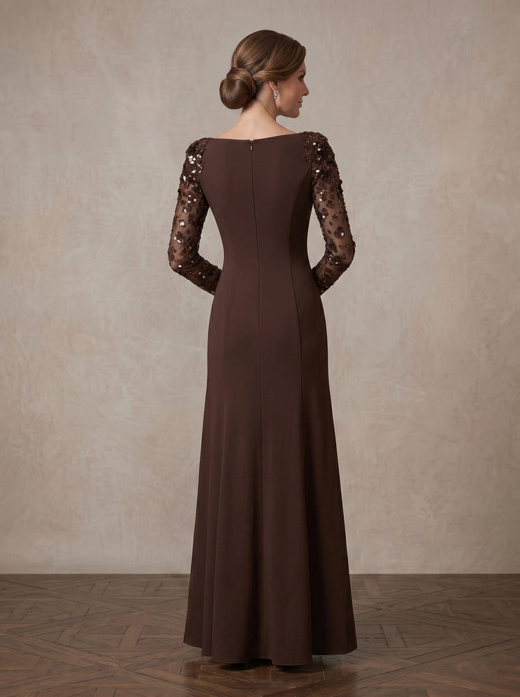 Jersey A-Line Boat Neck Maxi Mother of the Bride Dresses with 3D Sequin Floral Appliques